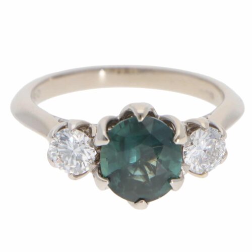 Vintage Teal Sapphire and Diamond Three Stone Ring