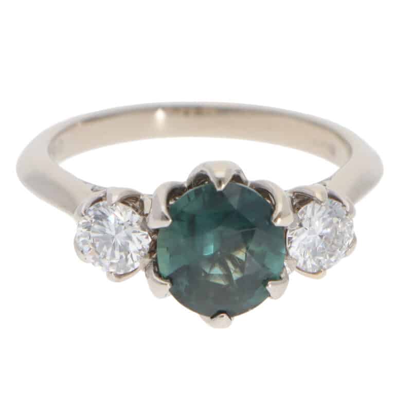 Vintage Teal Sapphire and Diamond Three Stone Ring