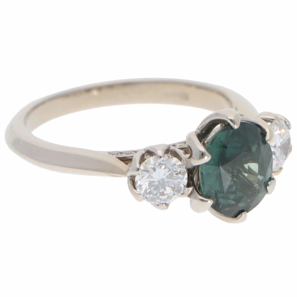 Vintage Teal Sapphire and Diamond Three Stone Ring