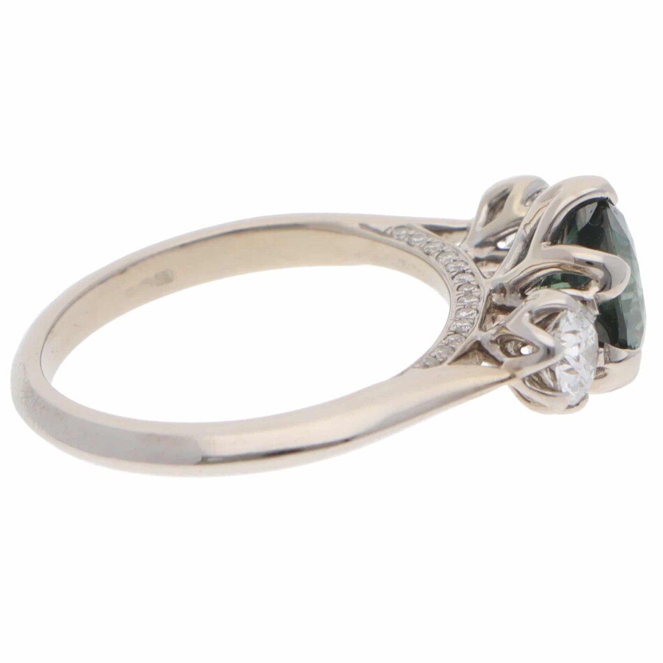 Vintage Teal Sapphire and Diamond Three Stone Ring