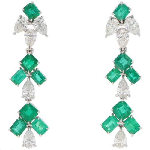 Vintage Emerald and Diamond Drop Earrings in White Gold