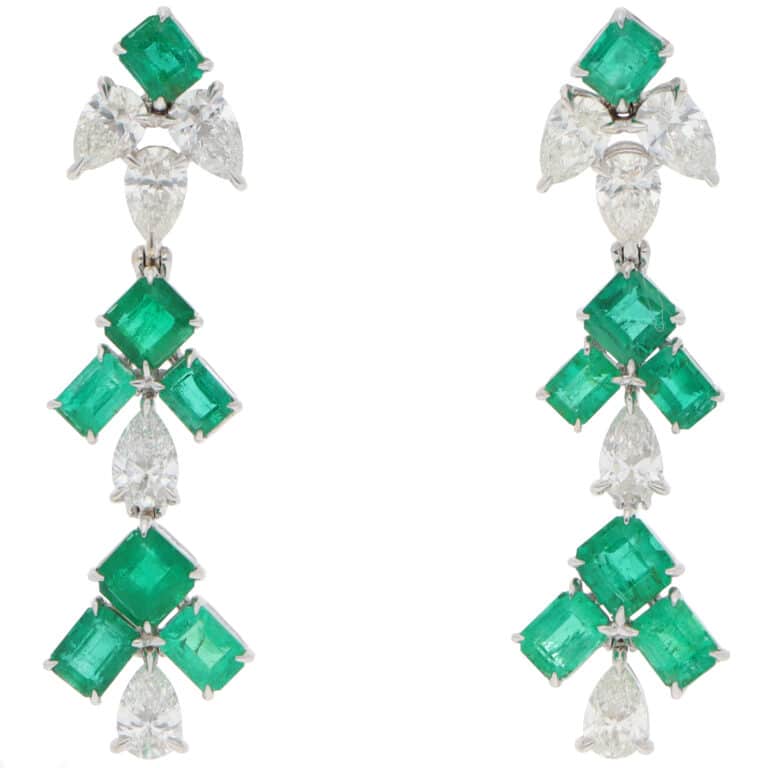 Vintage Emerald and Diamond Drop Earrings in White Gold