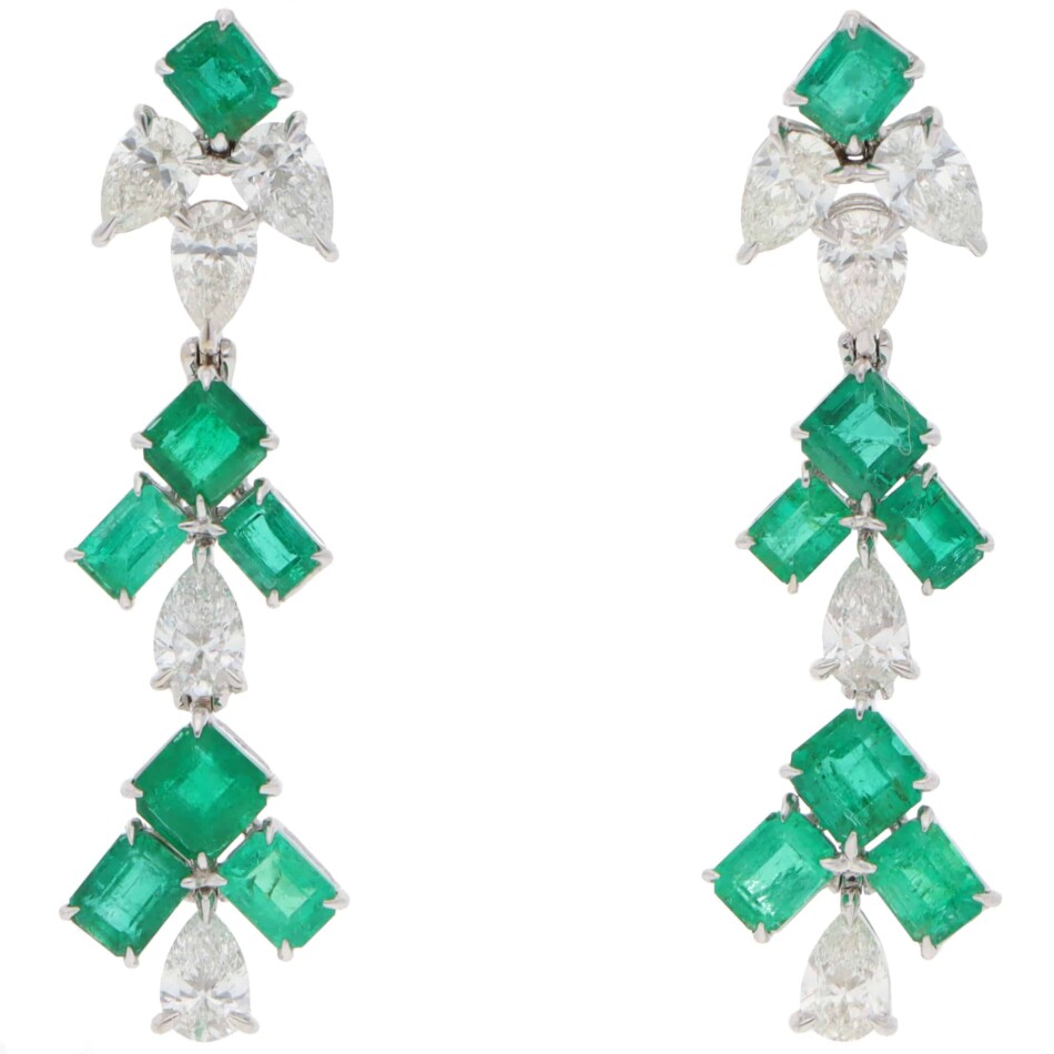 Vintage Emerald and Diamond Drop Earrings in White Gold