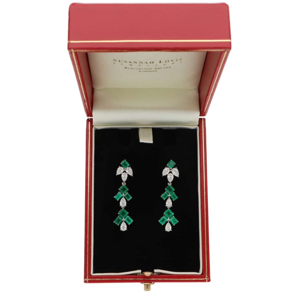 Vintage Emerald and Diamond Drop Earrings in White Gold