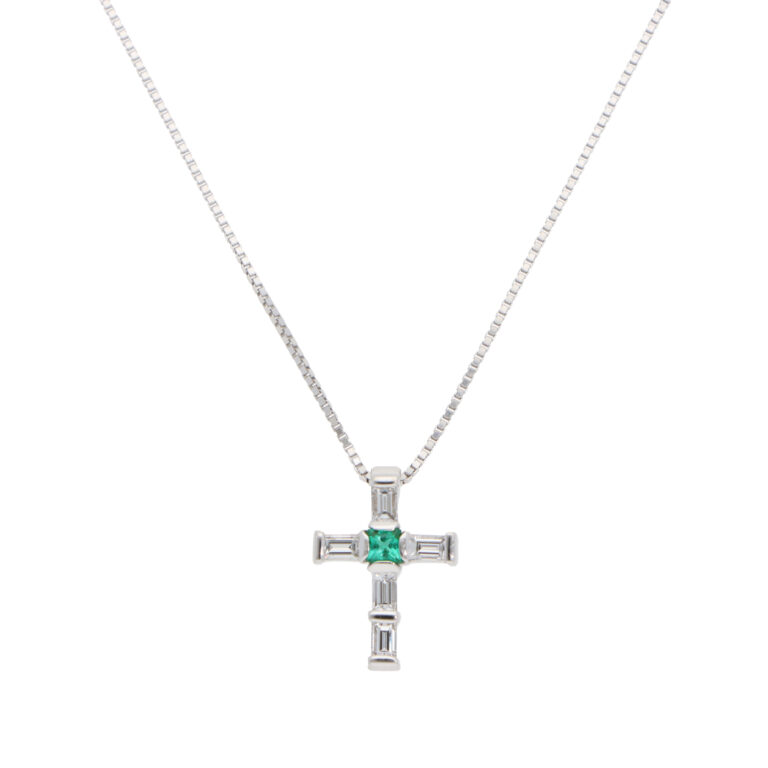 Vintage Damiani Lumiere Emerald and Diamond Cross Necklace