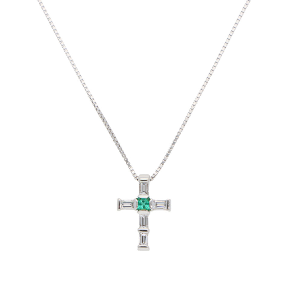 Vintage Damiani Lumiere Emerald and Diamond Cross Necklace