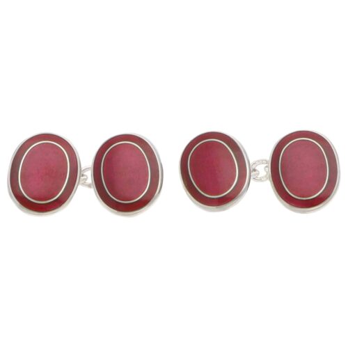 Contemporary Cerise Enamel Oval Chain Cufflinks in Silver