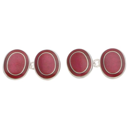 Contemporary Cerise Enamel Oval Chain Cufflinks in Silver