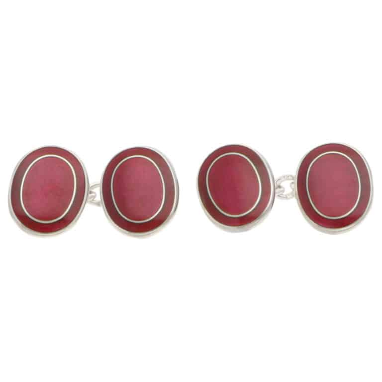 Contemporary Cerise Enamel Oval Chain Cufflinks in Silver