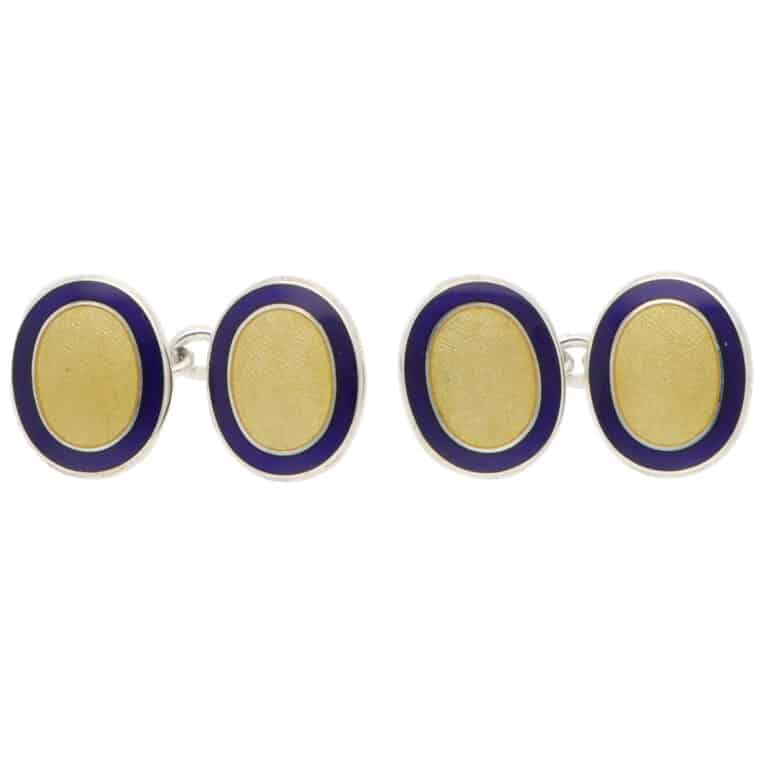 Contemporary Navy and Yellow Enamel Oval Chain Cufflinks
