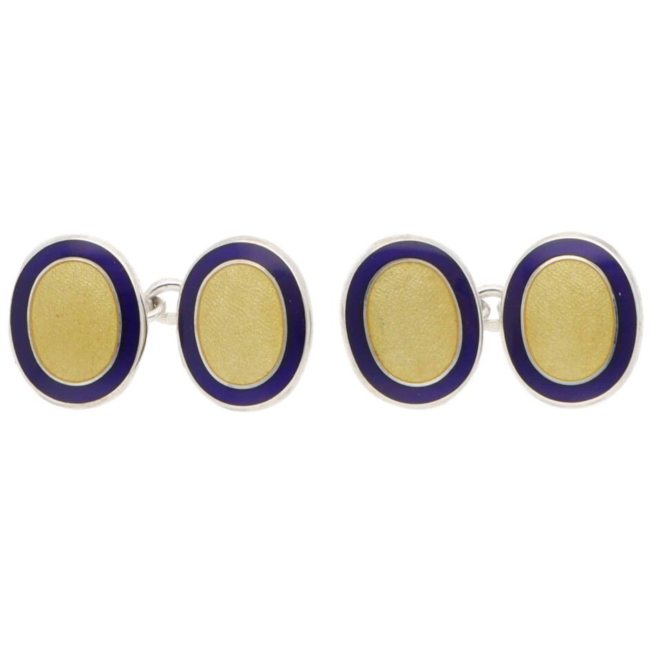 Contemporary Navy and Yellow Enamel Oval Chain Cufflinks