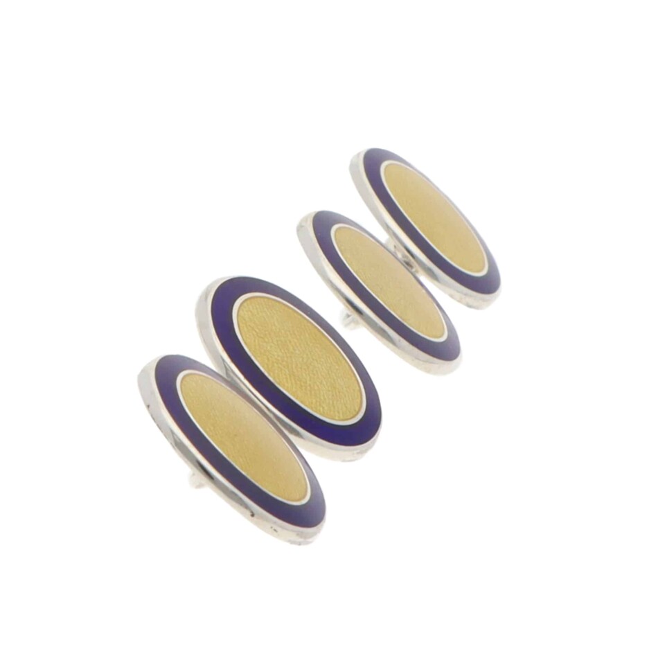 Contemporary Navy and Yellow Enamel Oval Chain Cufflinks