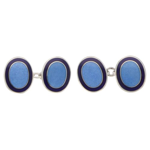 Contemporary Navy and Blue Enamel Oval Chain Cufflinks in Silver