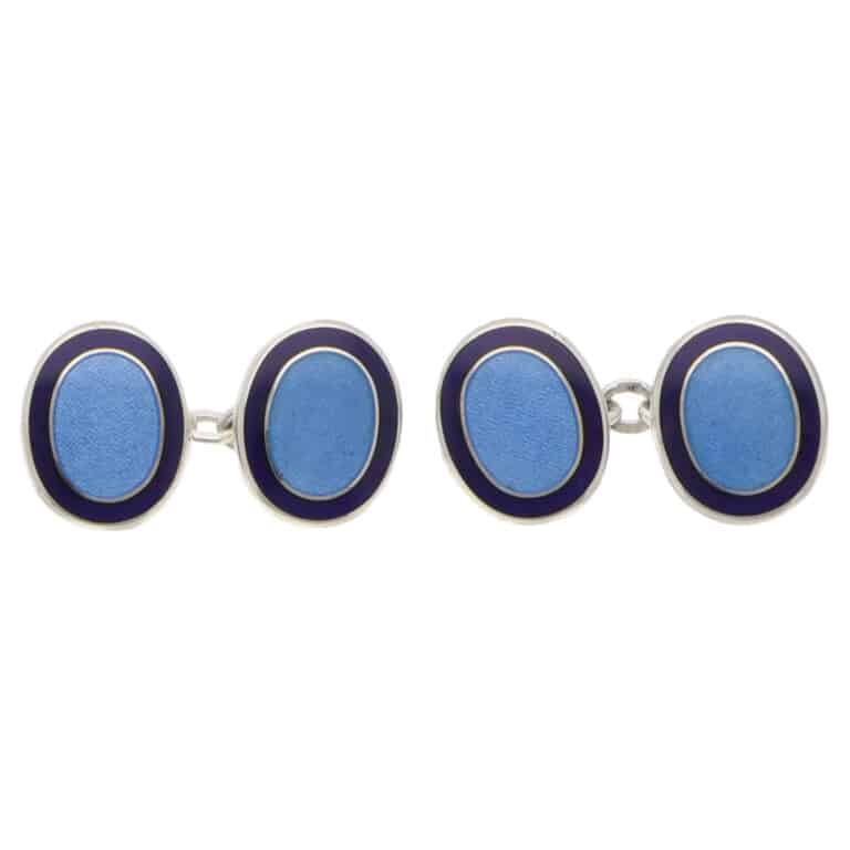 Contemporary Navy and Blue Enamel Oval Chain Cufflinks in Silver