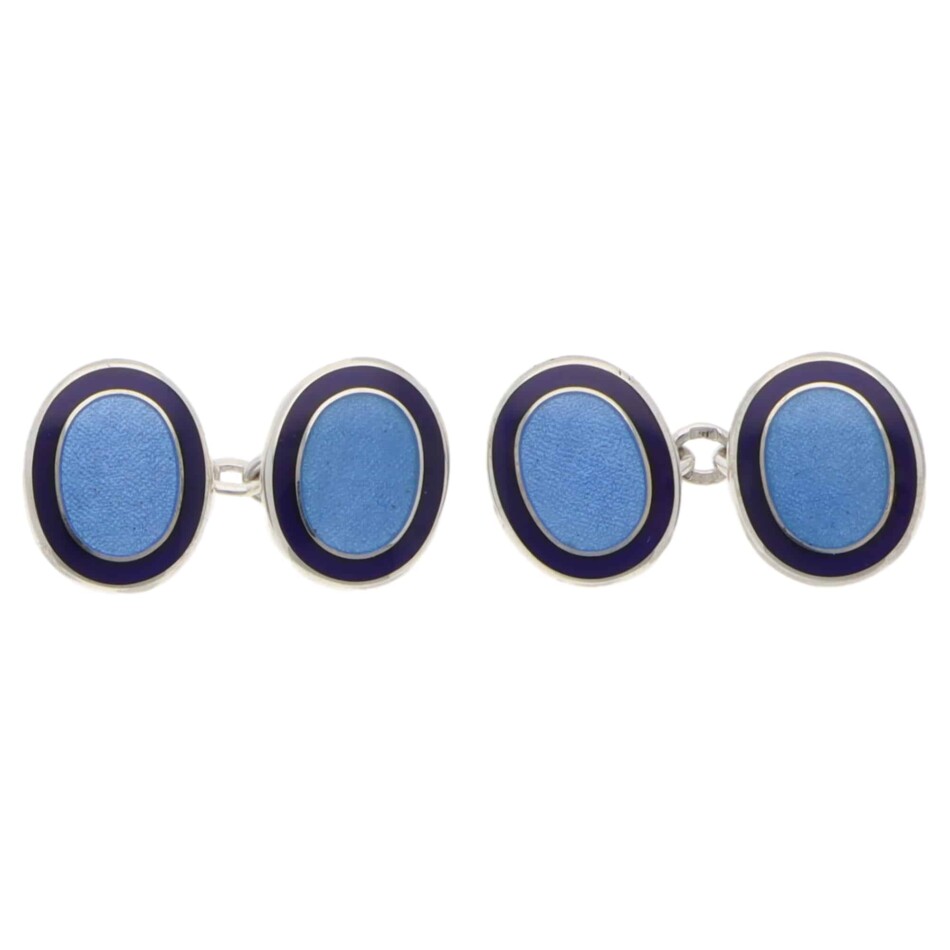 Contemporary Navy and Blue Enamel Oval Chain Cufflinks in Silver