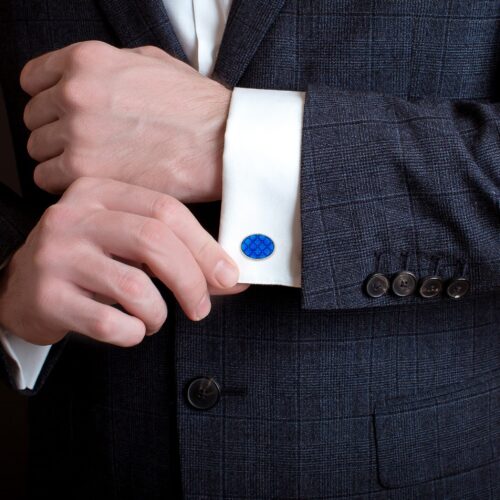 Contemporary Navy and Blue Enamel Oval Chain Cufflinks in Silver