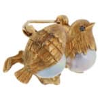 Vintage 1992 Love Birds Pearl and Sapphire Brooch in Yellow Gold