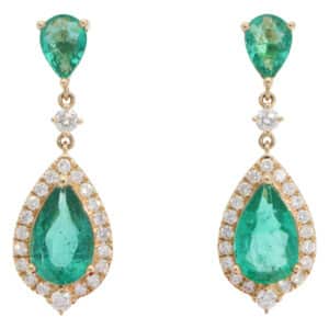 Contemporary Emerald and Diamond Drop Earrings in Yellow Gold