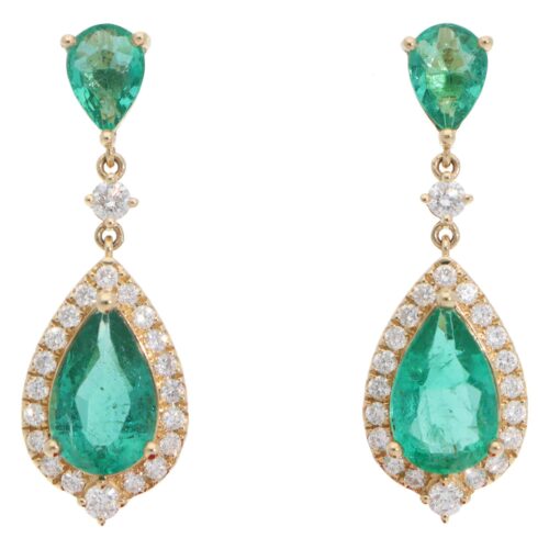 Contemporary Emerald and Diamond Drop Earrings in Yellow Gold