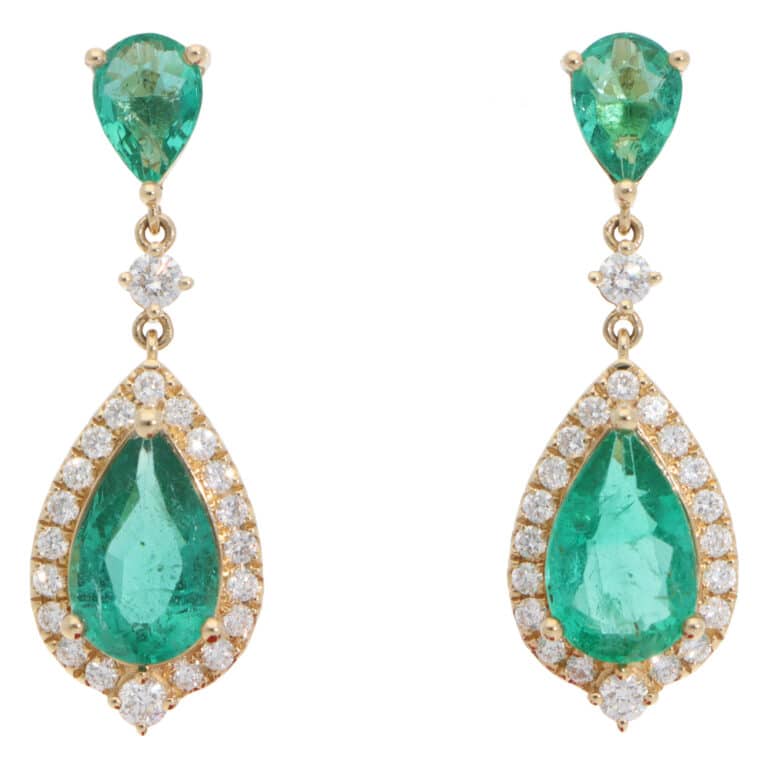 Contemporary Emerald and Diamond Drop Earrings in Yellow Gold
