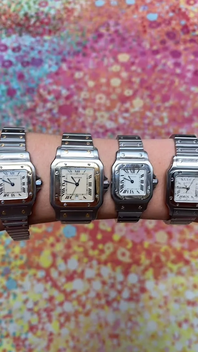 A family of our Cartier Santos wristwatches! 
The Santos was created by Maison Cartier in 1904, making it the world’s first modern wristwatch.
It was developed for aviation pioneer Alberto Santos-Dumont who needed a watch to glance at mid-flight. With its seamlessly integrated strap and distinctive square case, the Santos heralded a modernity of design from which all future Cartier watches would follow. Shape became a defining feature, making these timepieces among Cartier’s most instantly recognisable creations.

#cartier #cartiersantos #vintagecartier #susannahlovisjewelry #susannahlovisjewellers #timepiece #vintagewatch #santoswatch